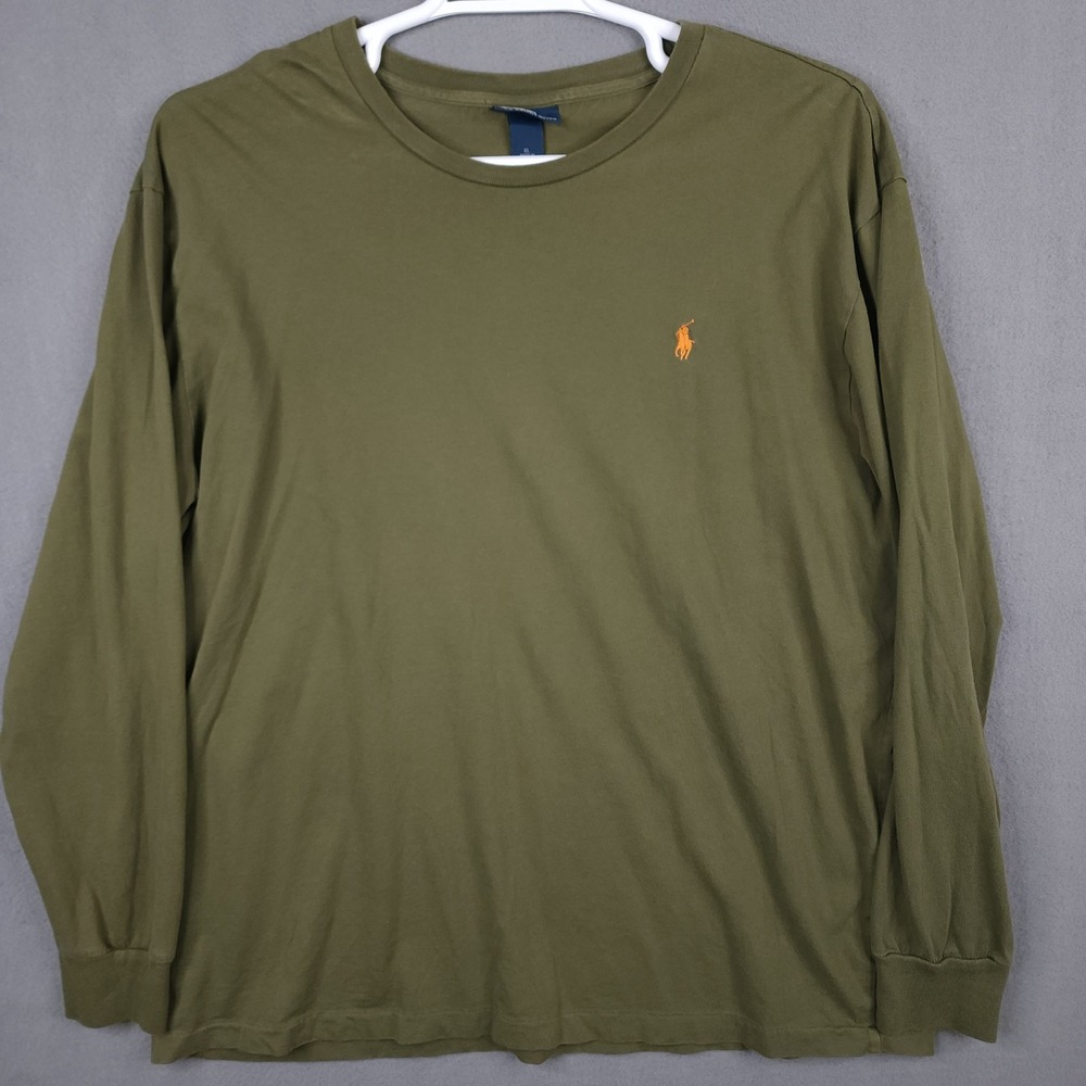 Polo Ralph Lauren Men XL Olive Green Long Sleeve T-Shirt Orange Pony Logo Cotton